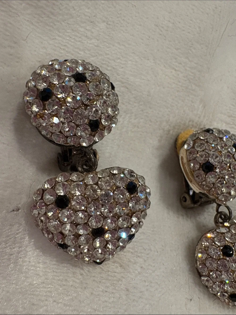 Vintage Black & Clear Drop heart Crystal Earrings New Clip